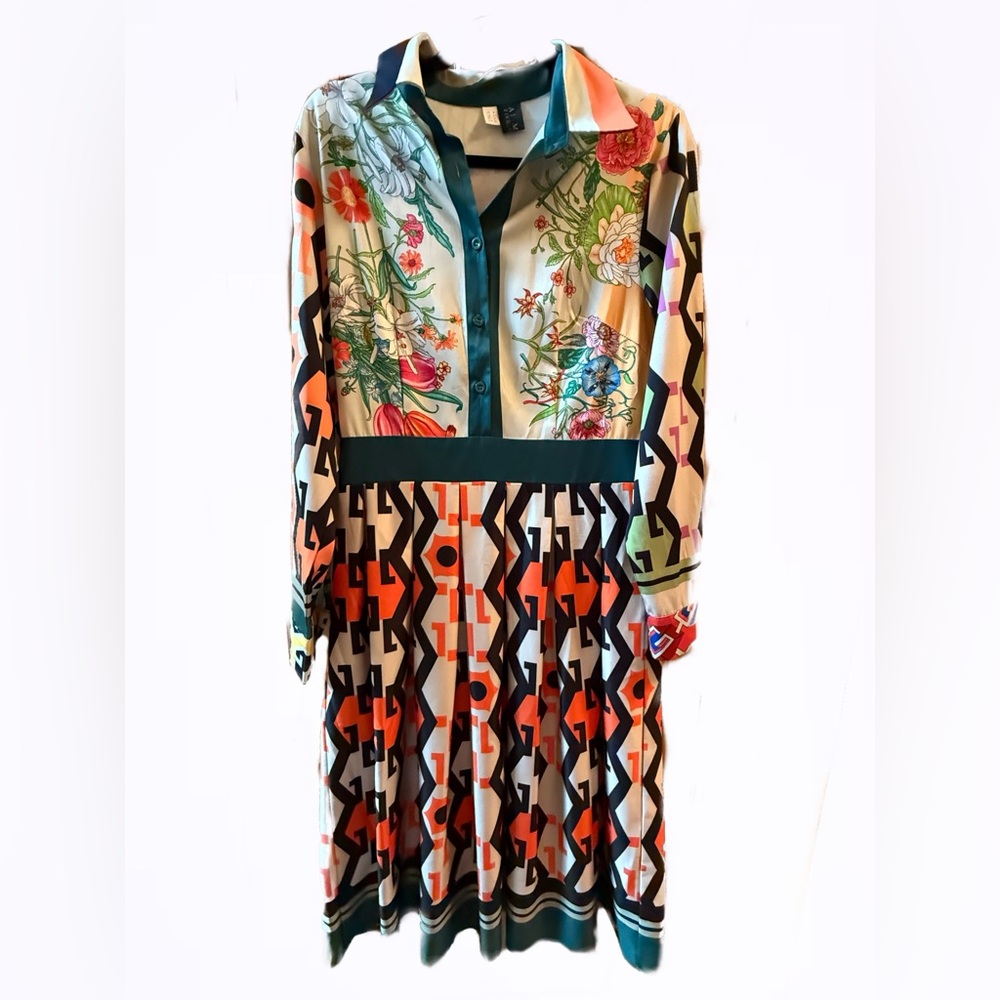 Lai Meng Five Cats Floral & Geometric Patterned ALine Fit & Flare Dress Size 8 - Picture 5 of 14